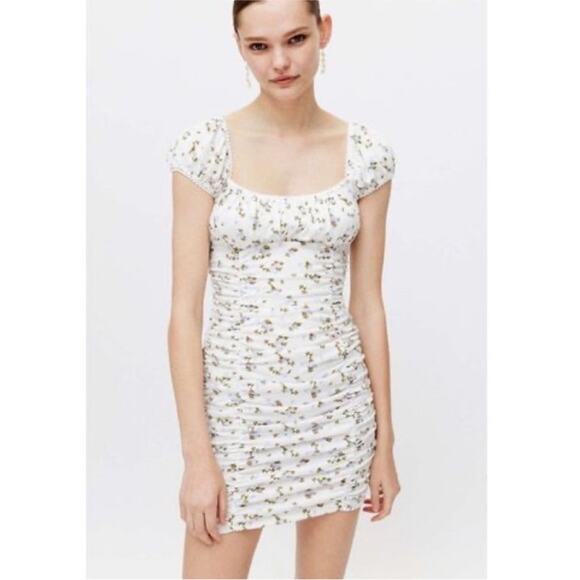 Urban Outfitters Brenan White and Blue Ditsy Floral Ruched Mini Dress M - Picture 1 of 9